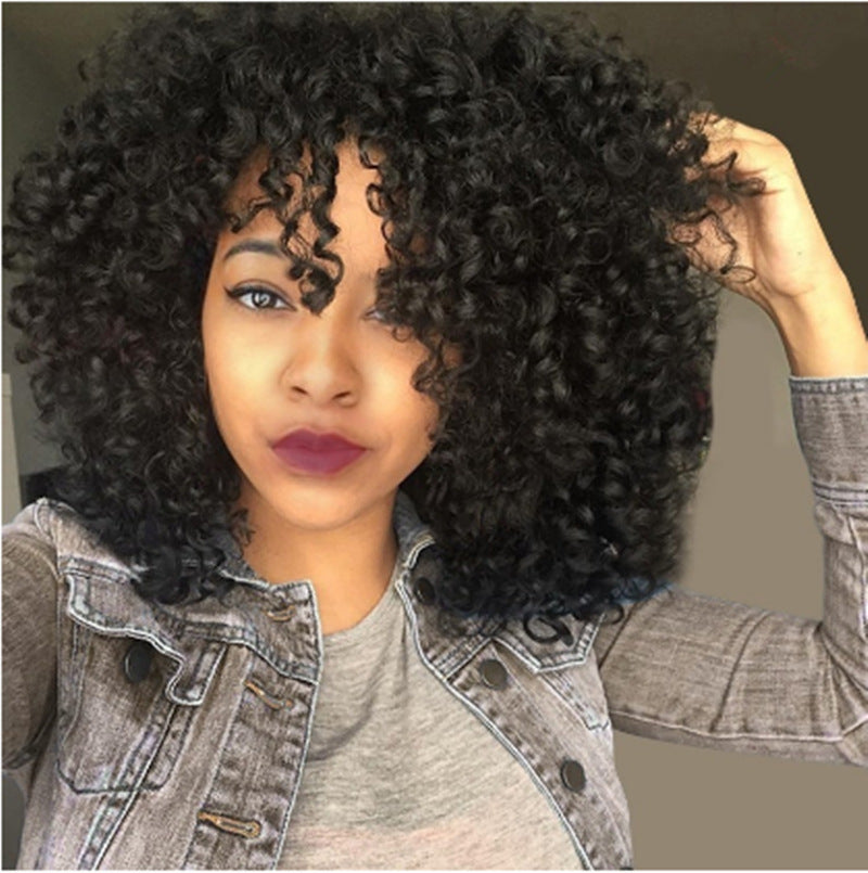 European & American Short Curly Wig – African-Inspired Fluffy Curls with Long Bangs