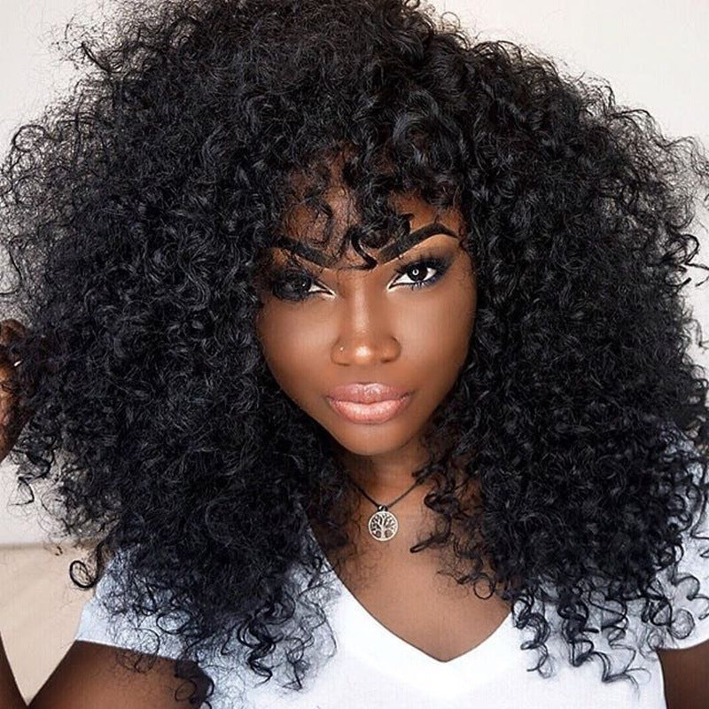 European & American Short Curly Wig – African-Inspired Fluffy Curls with Long Bangs