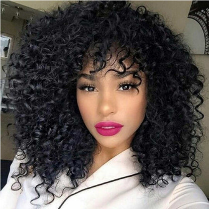 European & American Short Curly Wig – African-Inspired Fluffy Curls with Long Bangs