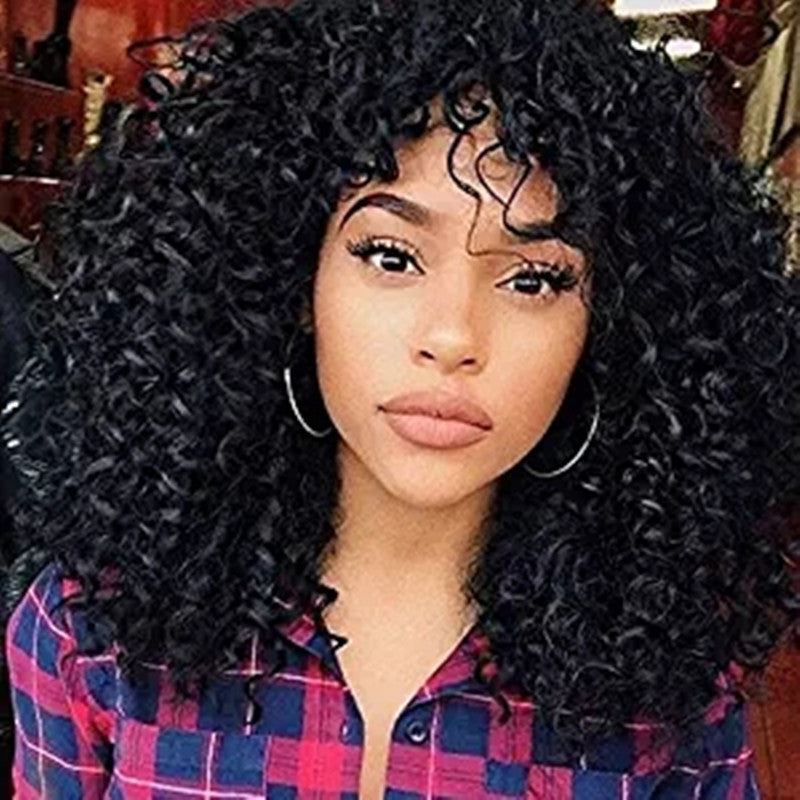 European & American Short Curly Wig – African-Inspired Fluffy Curls with Long Bangs