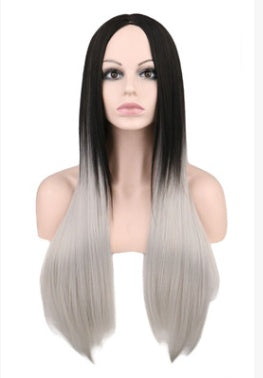 68cm Long Gradient Black-Gray Synthetic Wig