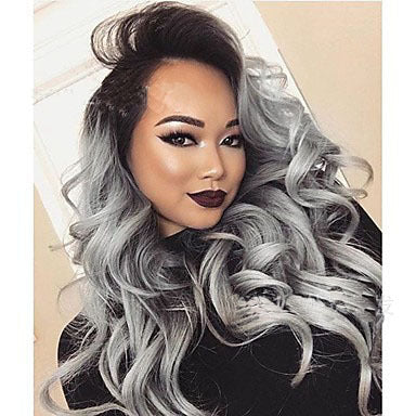 2-Tone Grey Black Ombre Wavy Lace Wig – Long, Curly, and Stylish