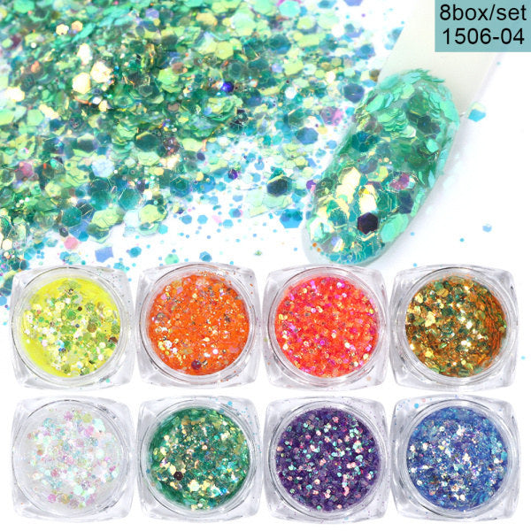 8 Box Holographic Glitter Nail Art Powder Flakes Set – Iridescent Sparkle Collection