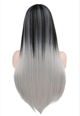 68cm Long Gradient Black-Gray Synthetic Wig