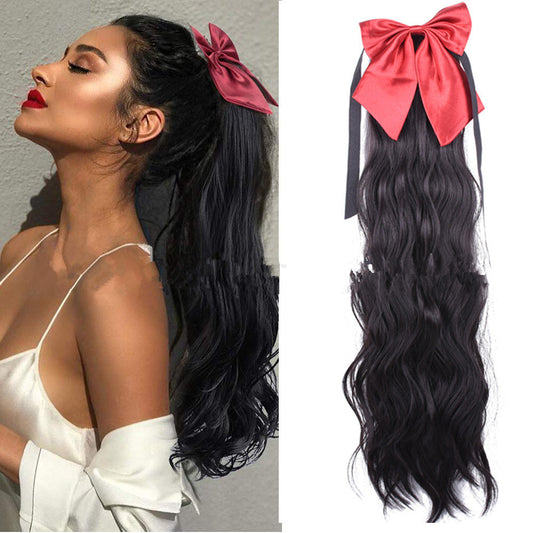 Red Bow Ponytail Wig - 22-Inch Long Elegant Hairpiece