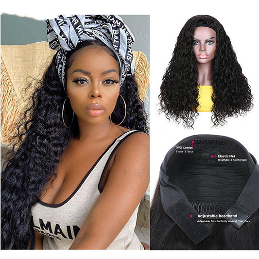 Brazilian Water Wave Headband Wig – 100% Human Hair, Medium Length, Dyeable