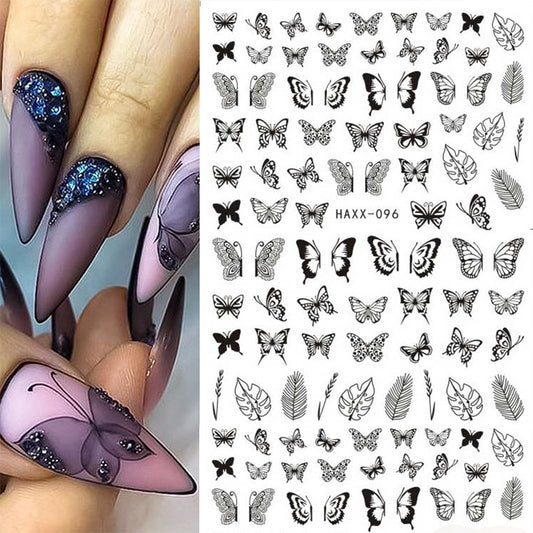 Black Butterfly Nail Stickers & White Flower Decals - Easy Adhesive Manicure