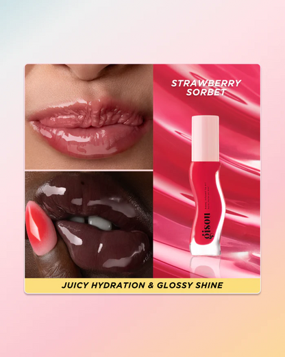 Gisou Honey Infused Lip Oil in Strawberry Sorbet for glossy, hydrated lips with a sweet fruity scent. Shop Now at VIMP BEAUTY.
