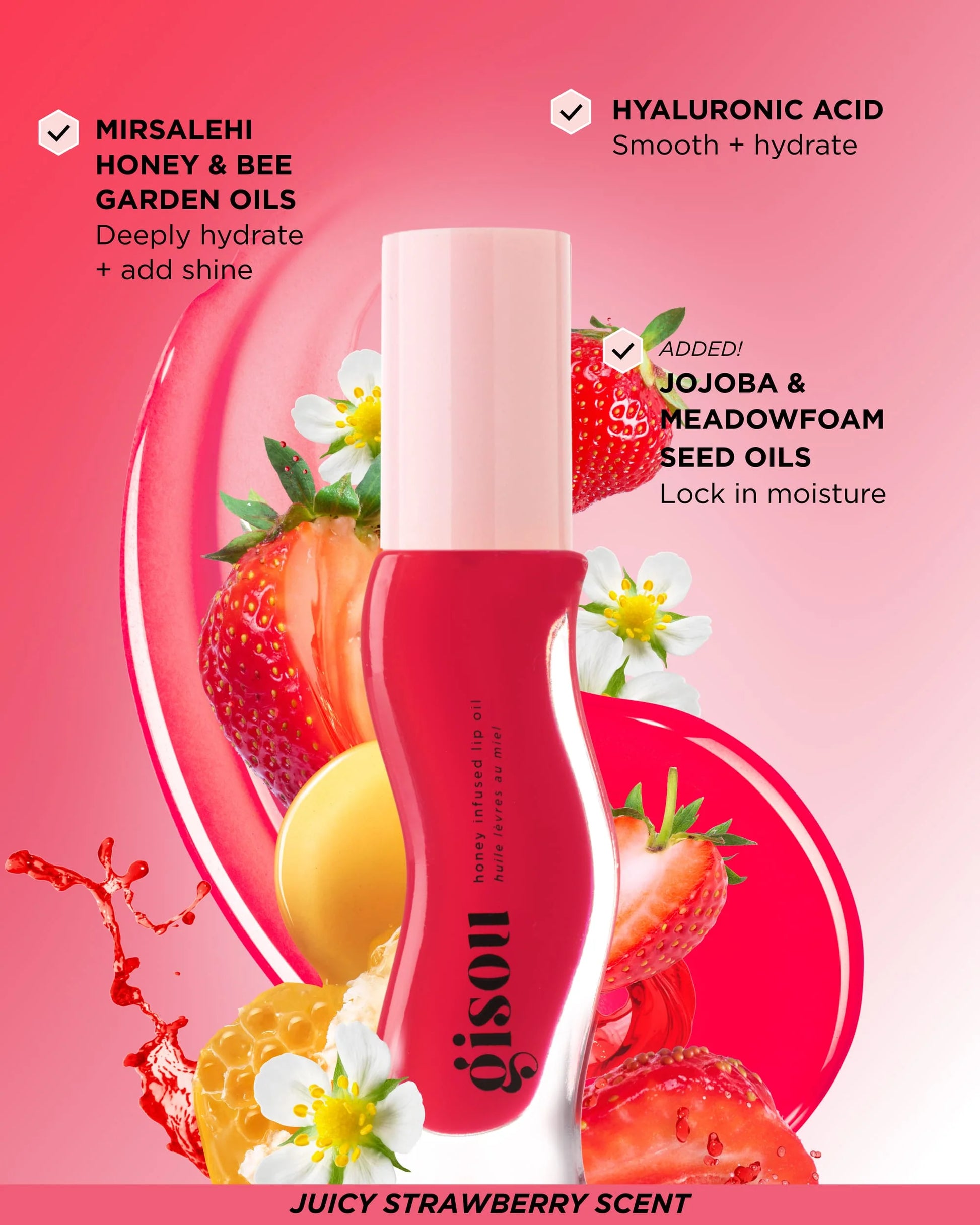 Gisou Honey Infused Lip Oil in Strawberry Sorbet for glossy, hydrated lips with a sweet fruity scent. Shop Now at VIMP BEAUTY.
