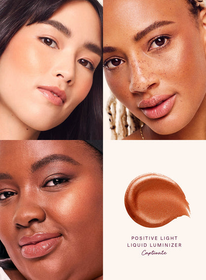 Positive Light Liquid Luminizer highlighter for a dewy, radiant glow on all skin tones. Shop Now at VIMP BEAUTY

