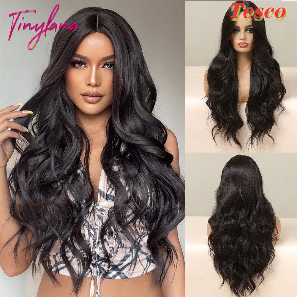 Sweet & Cute Long Wavy Wig for Women – Black Curly Synthetic Hair with Side Fringe