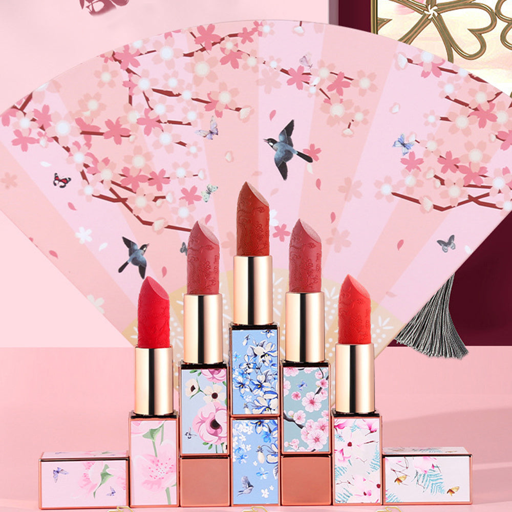 5-Color Matte Velvet Lipstick Set – Luxurious Chinese Carved Long-Lasting Lipstick, Perfect Birthday Gift