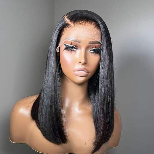 200% Density Bob Human Hair Wig - 14-Inch Pre-Plucked Natural Black Lace Front