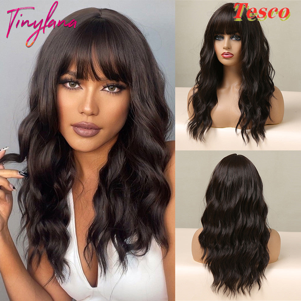 Sweet & Cute Long Wavy Wig for Women – Black Curly Synthetic Hair with Side Fringe